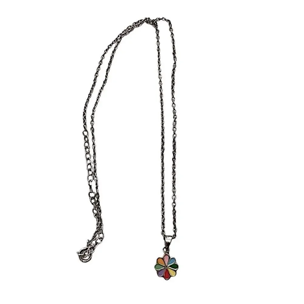 2 Sterling Silver Children’s Necklaces - Cross & Colorful Flower Pendants